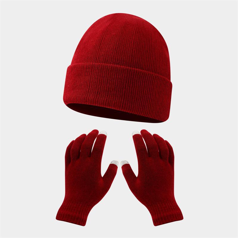 Autumn and winter warm gloves hat suit-[wine red]]