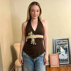 Y2K Vintage Casual Breathable Knitted <b>Sequined</b> Halter <b>Top</b> 3D Floral Contrast V Neck Sleeveless Vest - Product Image 5