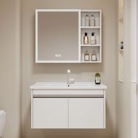 Kabinet Penyimpanan Dinding Cermin Pintar Kamar Mandi Aluminium Tahan Air Modern dengan Wastafel Keramik untuk Renovasi Rumah/Apartemen