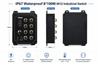 EN50155/EN45545 8x100M M12 Industrial Ethernet Switch IP67 -40~75C Terpasang di Dinding untuk Kamera Onboard Kereta Api/Tambang