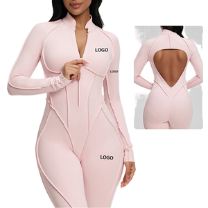 Mono deportivo sexy estampado sin espalda para mujer, de manga corta, de secado rápido, transpirable, de Spandex/Nylon, de longitud completa. - Product Image 1