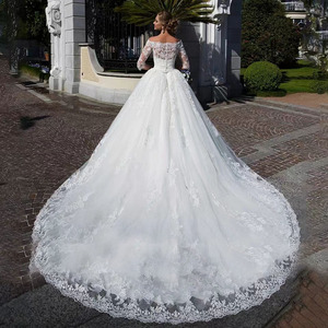 Off The Shoulder Ball Gown Wedding Dress White Lace Empire Waist Sweetheart Neckline Long Sleeve Vintage Style - Product Image 2