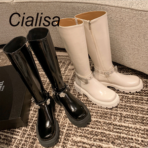 Cialisa – bottes hautes en cuir véritable pour femmes, chaussures à plateforme épaisse et plate-forme, <span class=keywords><strong>talon</strong></span> épais, personnalisées, Offre Spéciale - Product Image 1