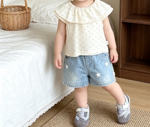 Conjunto de Ropa de Verano para Niña, Blusa con Cuello <span class=keywords><strong>Peter</strong></span> <span class=keywords><strong>Pan</strong></span> y Estampado de Lunares, Pantalones Cortos de Mezclilla con Estampado de Estrellas - Product Image 6