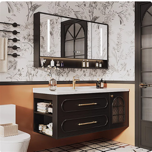 Meuble-lavabo de salle de bain en bois massif de style rétro français, peinture cuite durable, rangement spacieux - Product Image 1