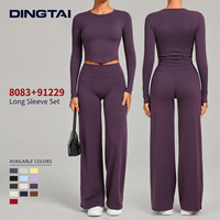 Ensemble de yoga pour femme à col rond et jambes larges, manches longues, sans rembourrage, dos en V, 2 pièces, couleur unie, anti-humidité, coupe ajustée, hiver