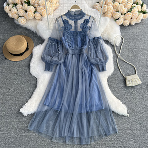 Vestido de encaje para mujer, ropa Coreana de gasa de malla con parte inferior de flores tridimensional, top halter, Primavera/Verano, 2022 - Product Image 2
