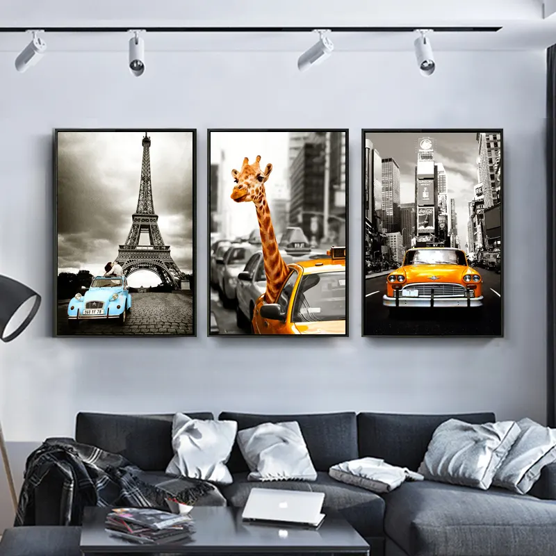 Vintage ciudad coche jirafa impresiones lona pinturas de pared arte abstracto imágenes POP cartel habitación decorativos para el hogar