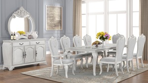 Juego de Comedor Americano de Lujo en Madera Blanca - Mesa Rectangular, 8 Sillas Tapizadas con Tallados Ornamentales, Aparador con Espejo - Product Image 2