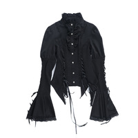 Chemisier Gothique Victorien pour Femme - Chemise Noire en Jacquard à Manches Longues, Manches Cloche, Poignets Évasés, Bordure en Dentelle, Courte, Automne