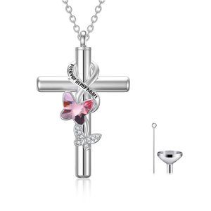 Collier urne en argent sterling 925 avec cristal rose en forme de papillon et de croix pour cendres, bijoux de crémation - Product Image 1