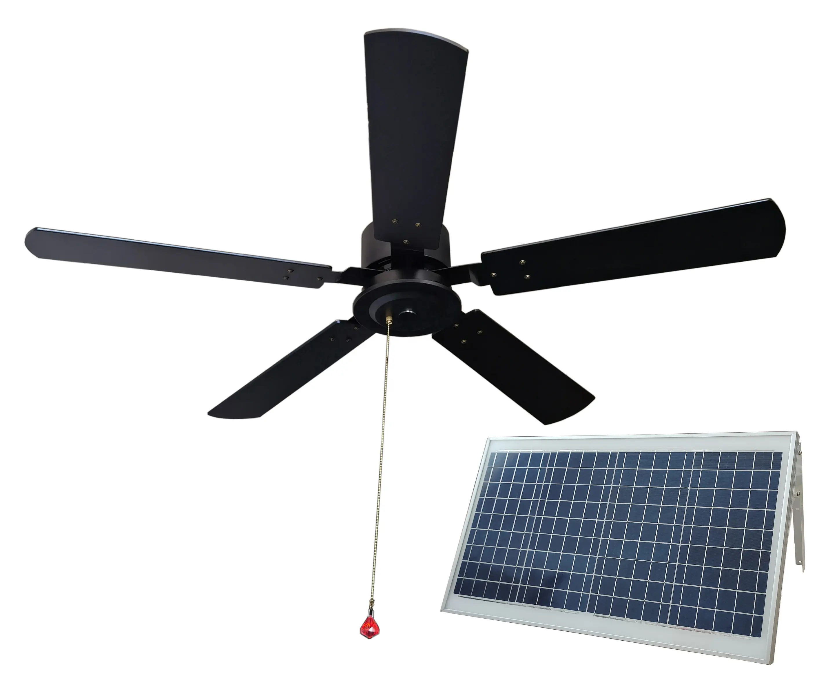 Outdoor Solar powered low voltage DC motor ceiling fan 40w solar panel 52 inch wooden fan blade for patio gazebo porch