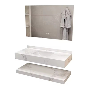 Vanité murale de salle de bain à usage domestique moderne dessus en marbre flottant évier intégré armoire à miroir LED vanité de bureau maquillage vanité - Product Image 3