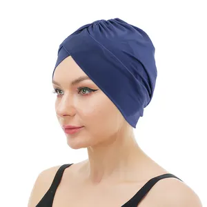 Vendita calda capelli lunghi tinta unita nero adulto turbante Headwrap Twist Soft cuffia da nuoto per le donne