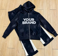 Ensemble de survêtement personnalisé avec sweat à capuche zippé et strass effet délavé, coupe ample, streetwear hiver, tenue de jogging, vêtements OEM sous marque privée