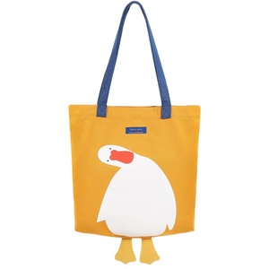 Custom Cartoon Duck Print Cotton <b>Canvas</b> Extra Large School Shoulder <b>Shopper</b> Tote <b>Bag</b> with Cute Feet - Product Image 1