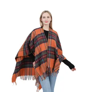 New Styles Mexican Cashmere Winter Scotland Checked Plaid Poncho Sweater Tops Mantle for Women Capes