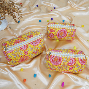New Taste India Floral Bohemian Large 100% Cotton Quilted <b>Cosmetic</b> Bag Set Yellow Zipper Closure Foldable Makeup <b>Organizer</b> - Product Image 4