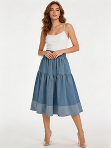 Jupe midi en jean <span class=keywords><strong>grande</strong></span> <span class=keywords><strong>taille</strong></span> pour <span class=keywords><strong>femme</strong></span>, <span class=keywords><strong>taille</strong></span> haute élastique, à panneaux superposés, coupe trapèze, ourlet en jean épissé, bleue, décontractée - Product Image 2