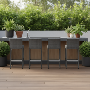 Set Of 4 <b>Grey</b> Poly Rattan Counter Height Bar Stools For Outdoor Bar Furniture Modern Design Metal <b>Frame</b> - Product Image 2