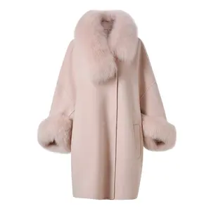 冬季女性时尚双面真狐狸毛领羊绒羊毛外套