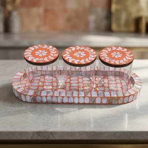 Juego de tarros acrílicos artesanales United Trade World con tapas de madera con incrustaciones de nácar y bandeja - Product Image 3