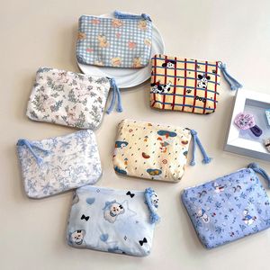 简约花卉图案零钱包耳机收纳袋迷你棉质袋带口红架可重复使用拉链卡通便携式化妆包 - Product Image 1