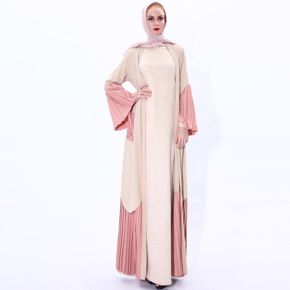 Muslim Women Abaya Dress Long Sleeve Robe Cardigan with belt Design Trumpet pleated Sleeve Lady Long Sleeve Maxi Dress 91225