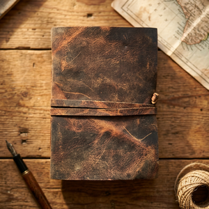 Carnet de notes en cuir véritable fait main, style couverture rigide, papier à bords festonnés, reliure cousue, fermeture à sangle, Puratan Overseas - Product Image 3