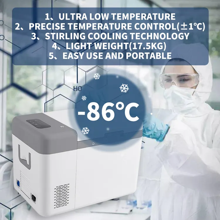 25L -86 Portable Ultra Low Temperature Medical Laboratory Sample Storage Transfer Stirling Freezer