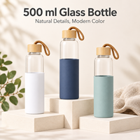 Bouteille en verre borosilicate de 500 ml avec couvercle en silicone intégral, couvercle en bambou, sangle de transport portable, vente en gros OEM