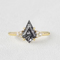 Bague de fiançailles en or jaune 14 carats sur argent sterling 925, forme cerf-volant, quartz rutilé noir naturel, anneaux en quartz véritable