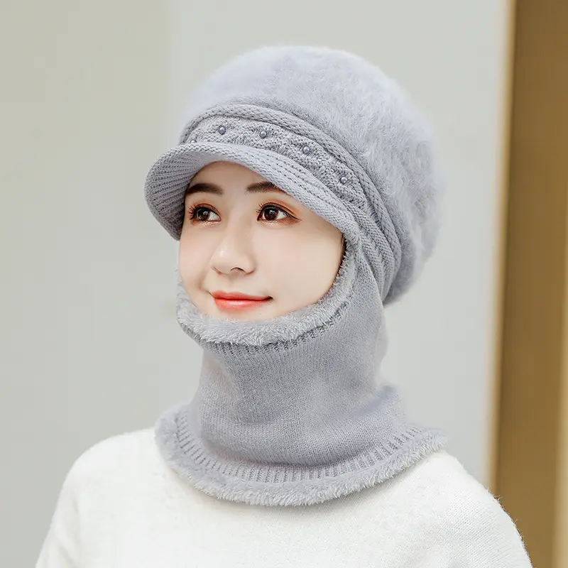 Headset scarf conjoined hat ladies plus velvet rabbit hair pearl middle-aged and old mothers warm knitting wool hat direct sales