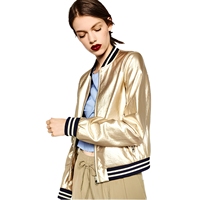Blouson Bomber d'Hiver en Satin Brillant pour Femme, Couleur Dorée, Fermeture Éclair avec Logo, Imperméable, Style Smart Casual, Dernière Collection