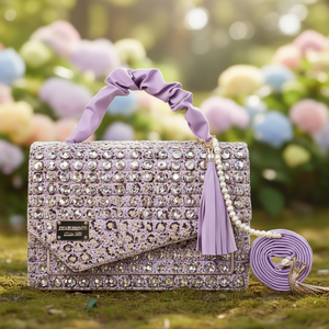 Sac à main de luxe pour femme Fana Melody, motif léopard lilas, strass, pompon, chaîne de perles, sac à bandoulière rectangulaire avec fermeture à rabat - Product Image 2