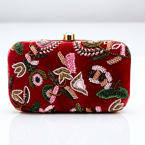 Elegant Red Velvet Clutch With Beaded Floral Embroidery Lock Closure Women's Evening Wedding Handbag - Product Image 1