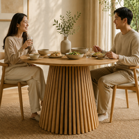 Table à manger ronde à piétement cannelé, placage en bois naturel, MDF, base fixe simple