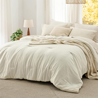 Ensemble de couette en coton lavé uni, blanc crème, 3 pièces, literie douce et légère, 200TC, 2 taies d'oreiller, esthétique minimaliste, tout inclus