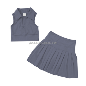 <span class=keywords><strong>Lulu</strong></span> personnalisé petites filles bleu pur sans manches haut court taille haute jupe plissée maison deux pièces ensemble 2023 - Product Image 5