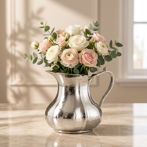 Exclusivo Florero de Metal Plateado con Textura Acanalada y Forma Curva para un Centro de Mesa Floral Sofisticado - Product Image 1