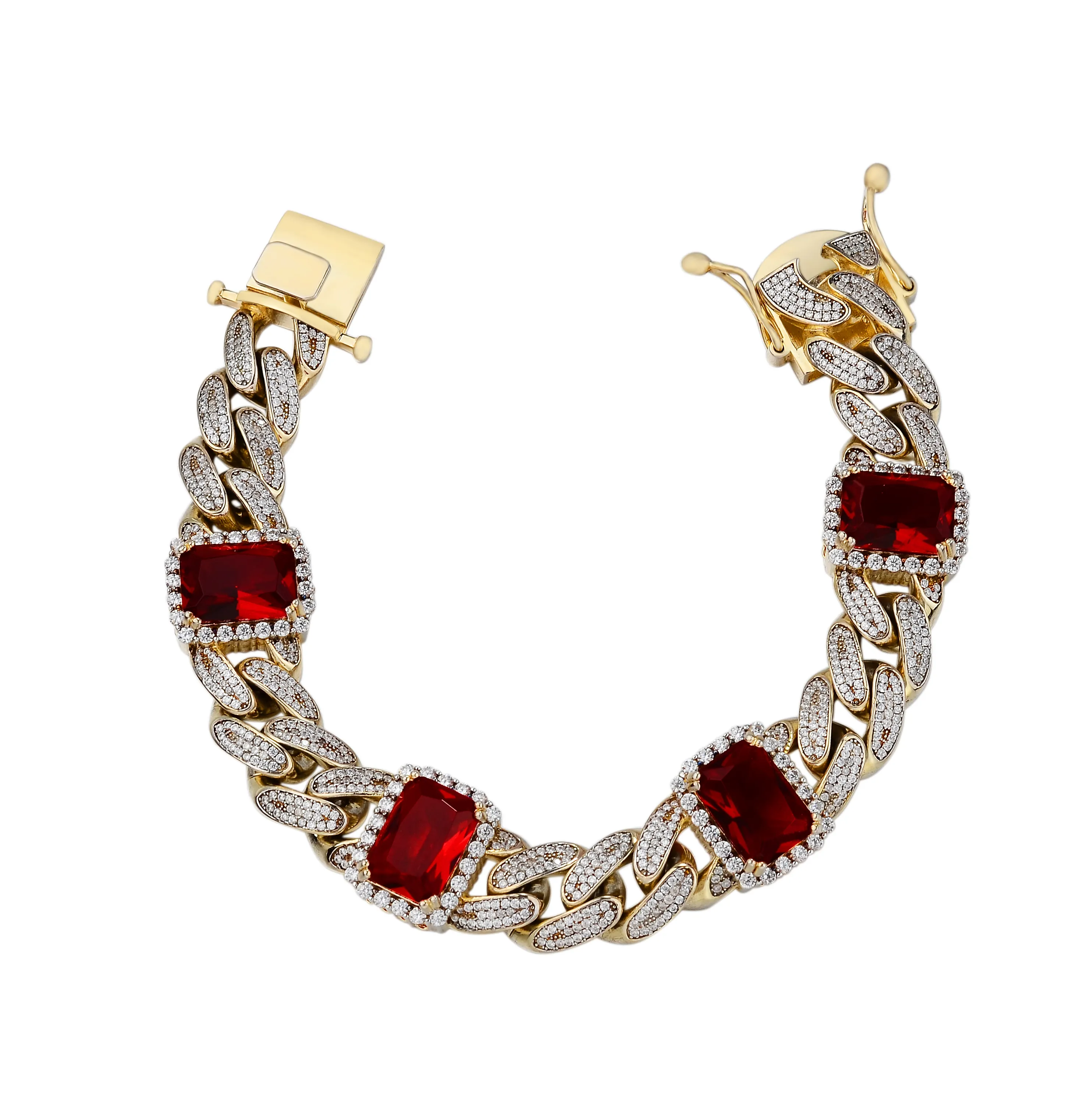 Fashion Hip Hop Jewelry 925 Sterling Silver Micro Pave Red Baguettes Gemstones Cubic Zircon Cuban Bracelet For Men