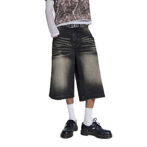 Pantalones Cortos de Mezclilla Negros Vintage Lavados Personalizados, Holgados, 100% Algodón, con Dobladillo Desgastado, para Hombre, Moda Urbana, Jeans Cortos Holgados - Product Image 4