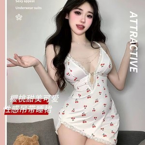 Vestido de Dormir con Tirantes y Escote Profundo en V con Estampado de Cerezas Blancas, Ropa de Dormir Suave y Sexy para Mujer - Product Image 1