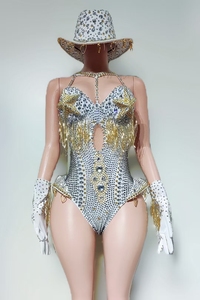 Rhinestone Tassel Bodysuits Gloves Hats <strong>Rave</strong> Music Festival <strong>Outfits</strong> Sets <strong>Women</strong> Club Party Gogo Dancer Wear Performance Jumpsuit - Product Image 2