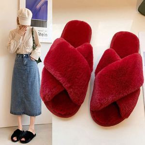 Chaussons respirants en fausse fourrure colorée pour femme, pour l'hiver, l'automne et le printemps, sept couleurs, à bout ouvert croisé, en coton et fourrure - Product Image 2