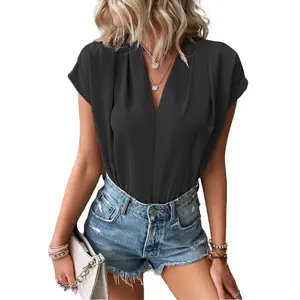 Blank Color Black Fashion Elegant Short Sleeve Blouses Casual Summer Chiffon V Neck Women's Blouses Shirts