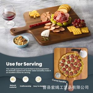 Tabla de cortar de madera de acacia con asa, rectangular, de doble cara, bandeja de cocina para servir pizza y queso. - Product Image 3