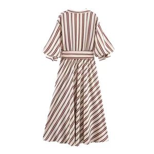 Vestido Midi a Rayas Simple y Versátil con Cinturón, Nueva Colección de Primavera para Mujer - Product Image 3