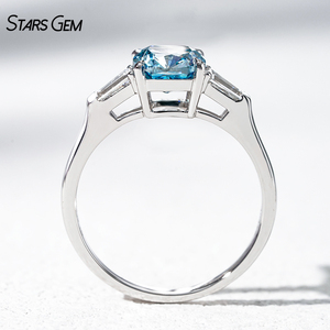 <b>Cushion</b> Cut Blue diamond 1.6ct Three-Stone <b>Ring</b> with Tapered Baguette Cut Diamonds for Women 10K white Gold <b>Ring</b> - Product Image 3