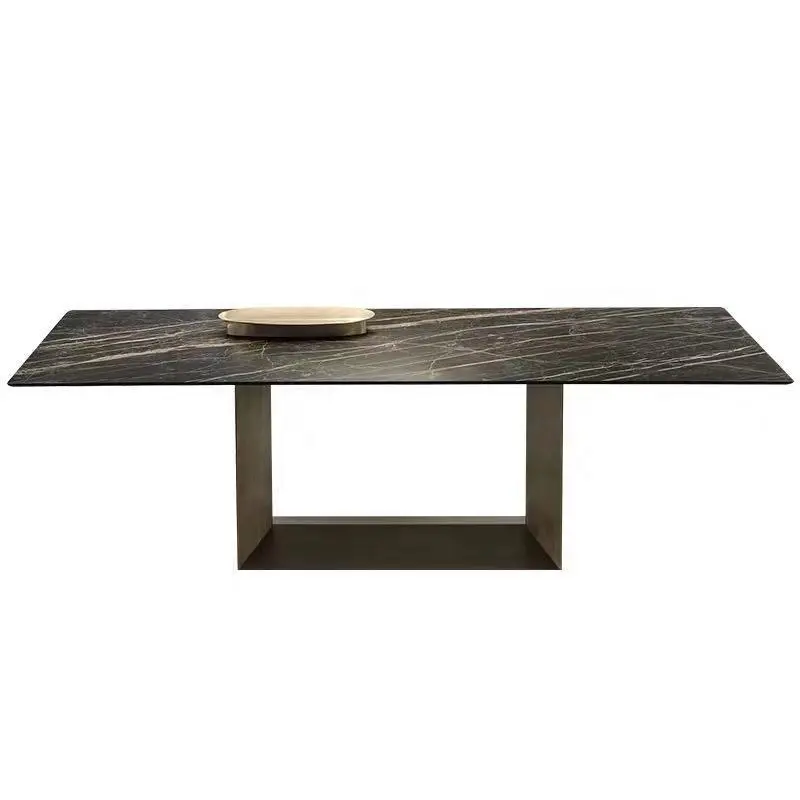 シンプルなデザインモダンな銅炭素鋼ベースと焼結石ダイニングテーブル家具